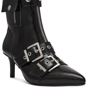 Wild Pair Moonbeam Buckle Booties Black Crinkle 9M Stiletto Heel MSRP $89